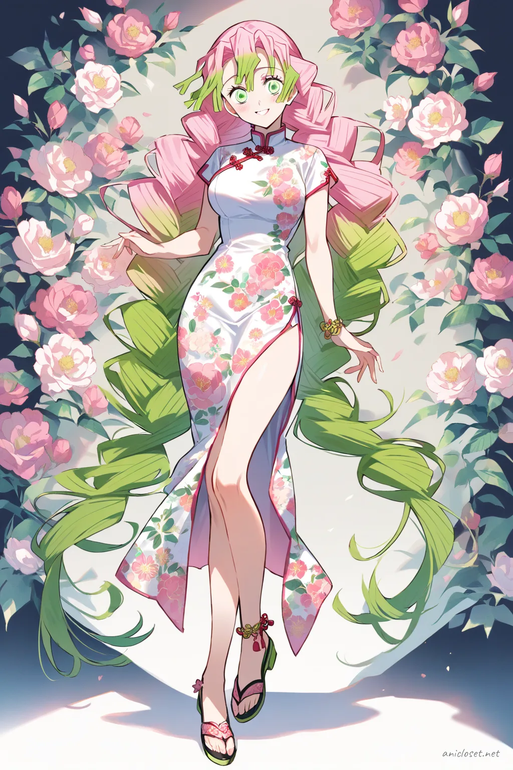 Full-body illustration of Mitsuri Kanroji wearing a short-sleeve floral qipao with airy flared hem and ankle-strap sandals, standing against a clean studio backdrop