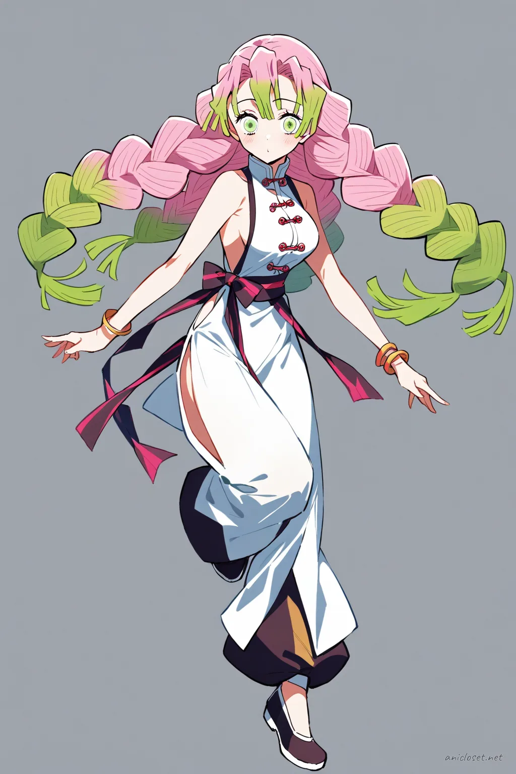 Full-body three-quarter view illustration of Mitsuri Kanroji in a sleeveless qipao top with mandarin collar, soft wide trousers, and ribbon sash