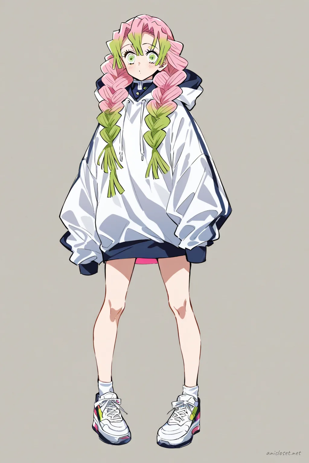 Full-body illustration of Mitsuri Kanroji wearing a fitted short qipao dress layered with an oversized street-style hoodie, white high-top sneakers, standing against a clean studio background
