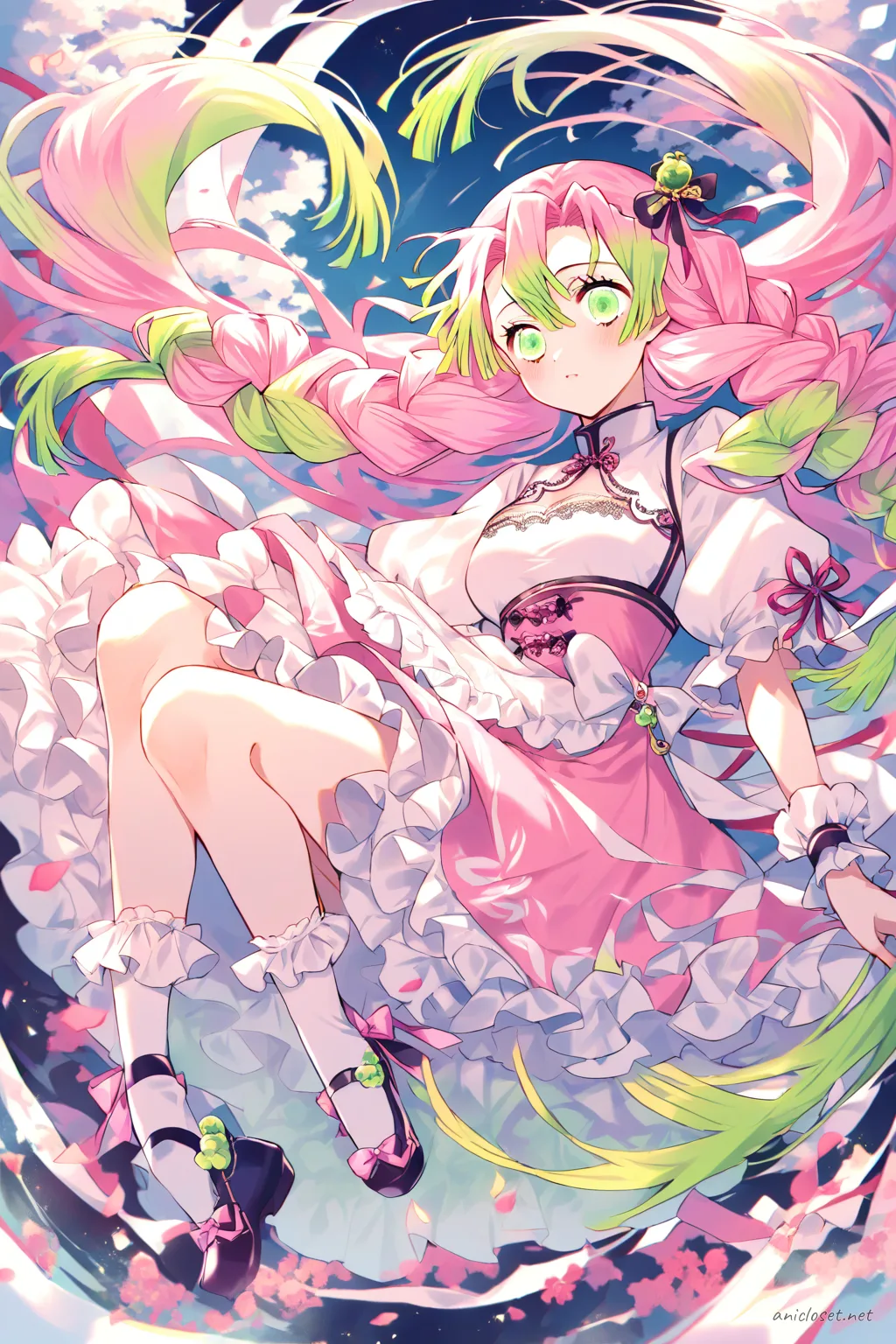 Full-body three-quarter view of Mitsuri Kanroji wearing a pastel qi-Lolita hybrid China dress with high collar, frilled hem, jade charms, puff sleeves, and knee-high socks in a traditional Chinese interior