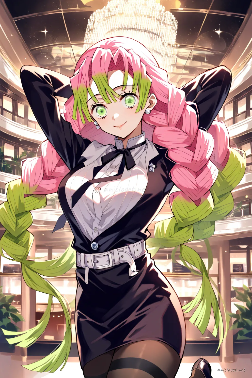 Illustration of Mitsuri Kanroji wearing a black slim pencil skirt, white blouse with ribbon tie, sheer black tights, and black pumps, standing with arms crossed in a modern lobby