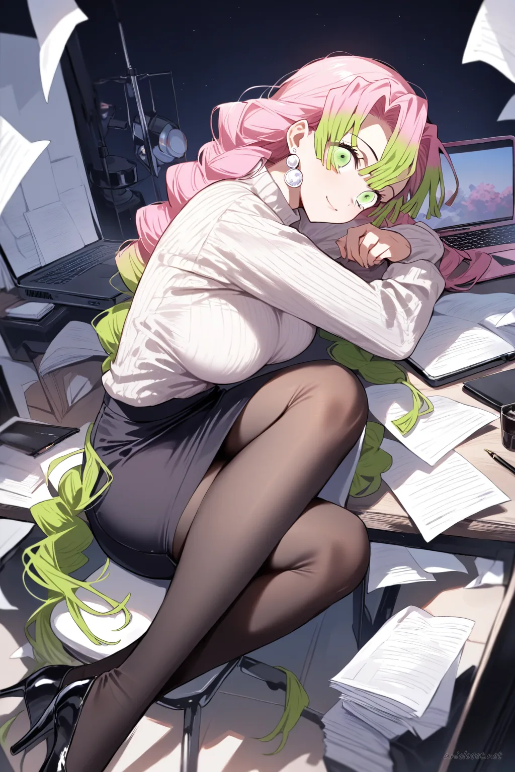 Full-body illustration of Mitsuri Kanroji in charcoal pencil skirt, fitted knit sweater, pearl earrings, black heels, standing pose with laptop and papers