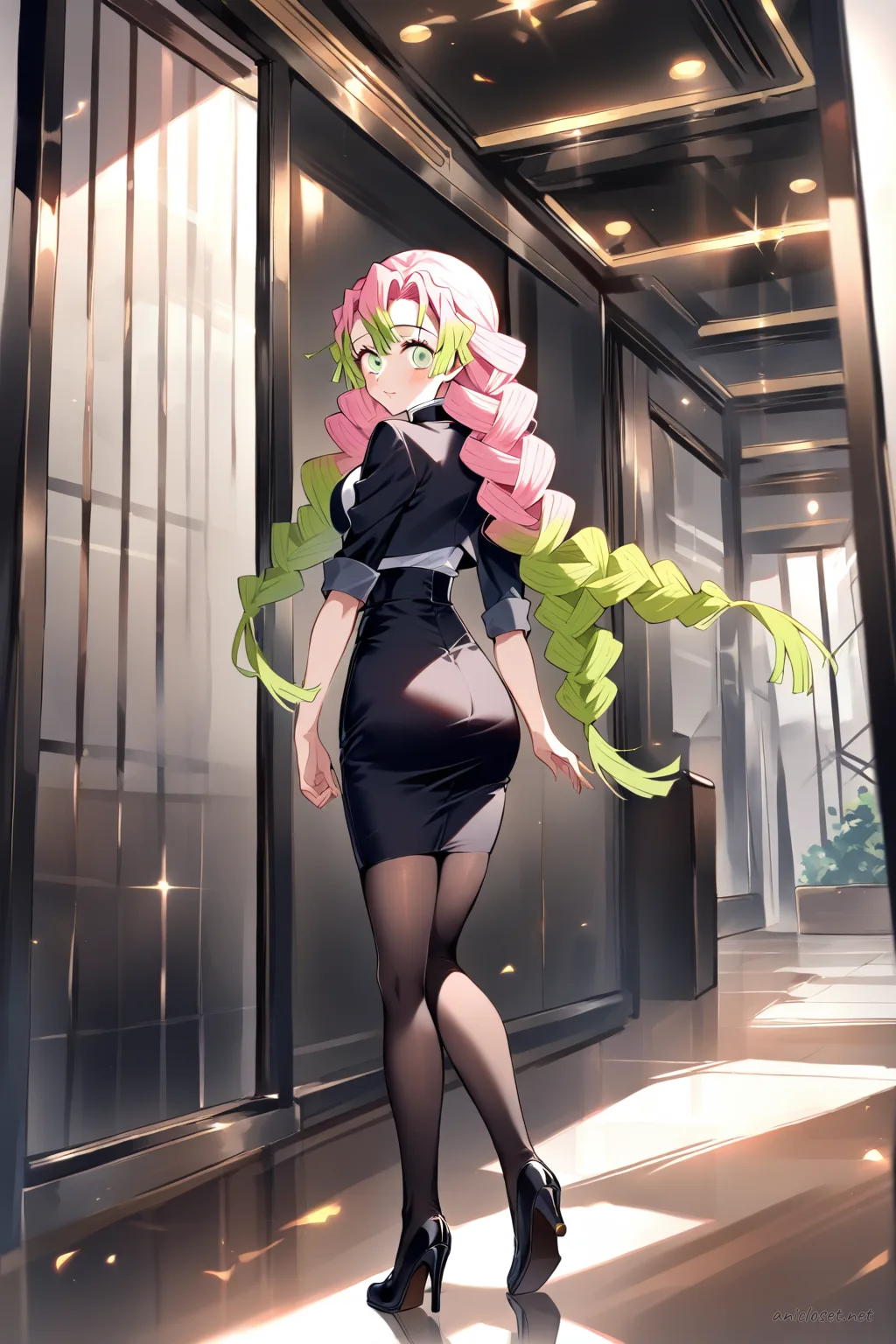 Illustration of Mitsuri Kanroji in a black cropped blazer over white silk camisole, high-waist black pencil skirt, sheer tights, and black pumps, posing looking back in an elevator lobby