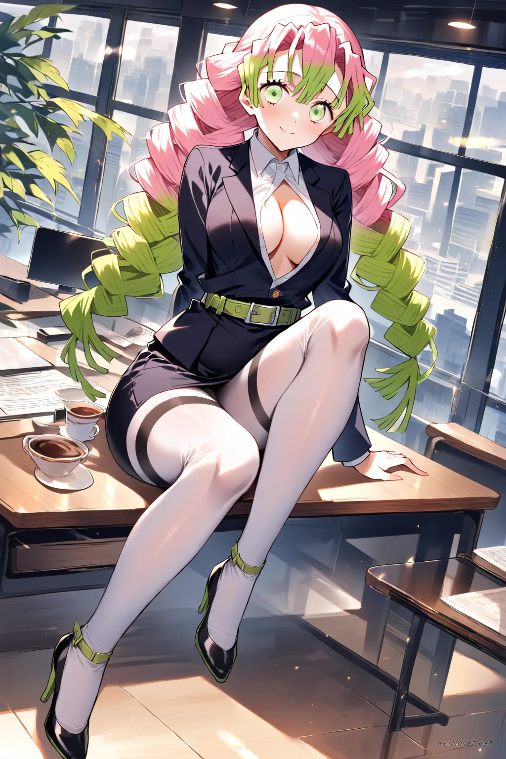 Mitsuri Kanroji wearing a wine sheath dress under an open blazer with slim belt and pointed heels, standing in a clean studio backdrop
