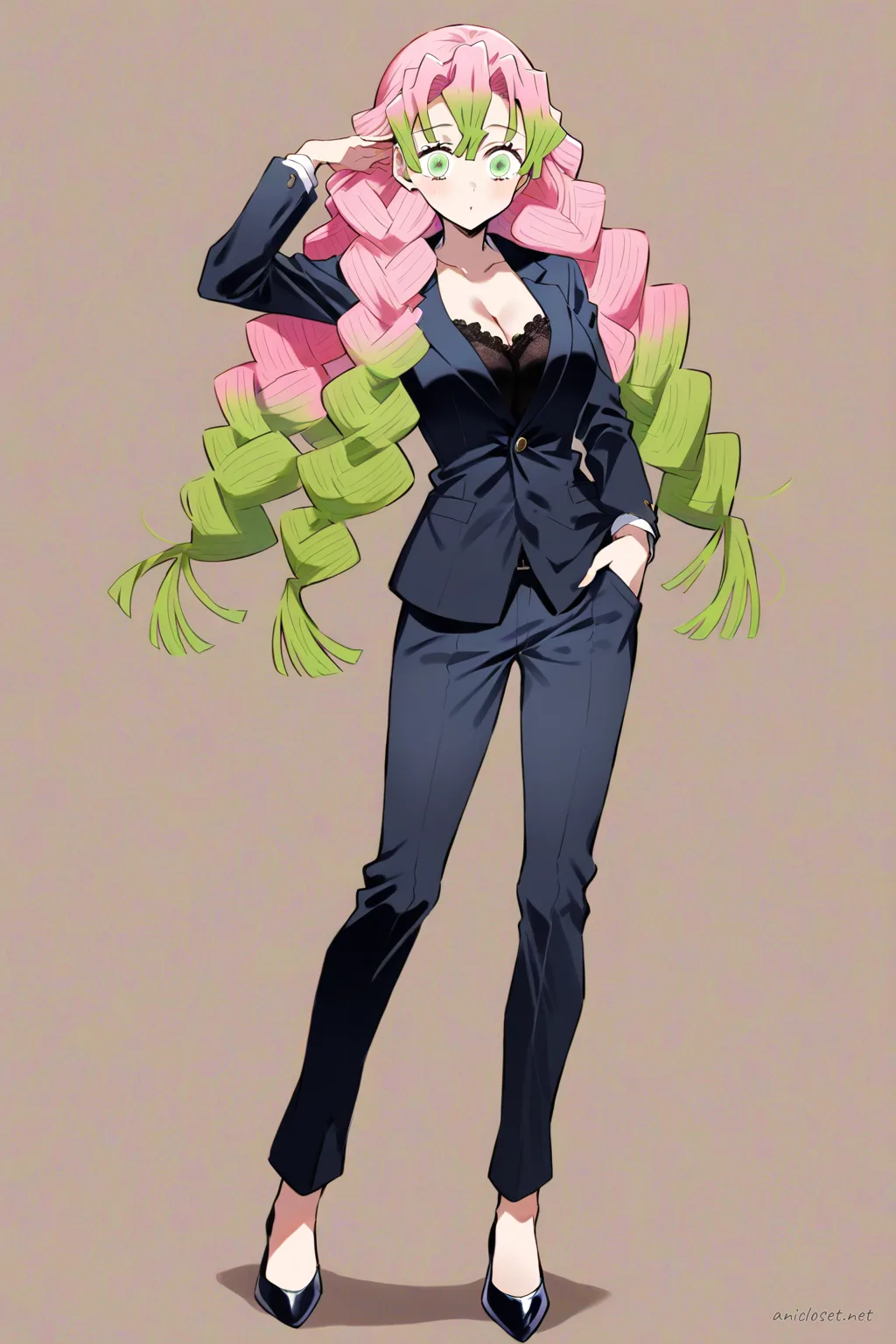Illustration of Mitsuri Kanroji wearing a grey check pantsuit with fitted blazer and silk camisole, standing with hand in pocket outside glass building