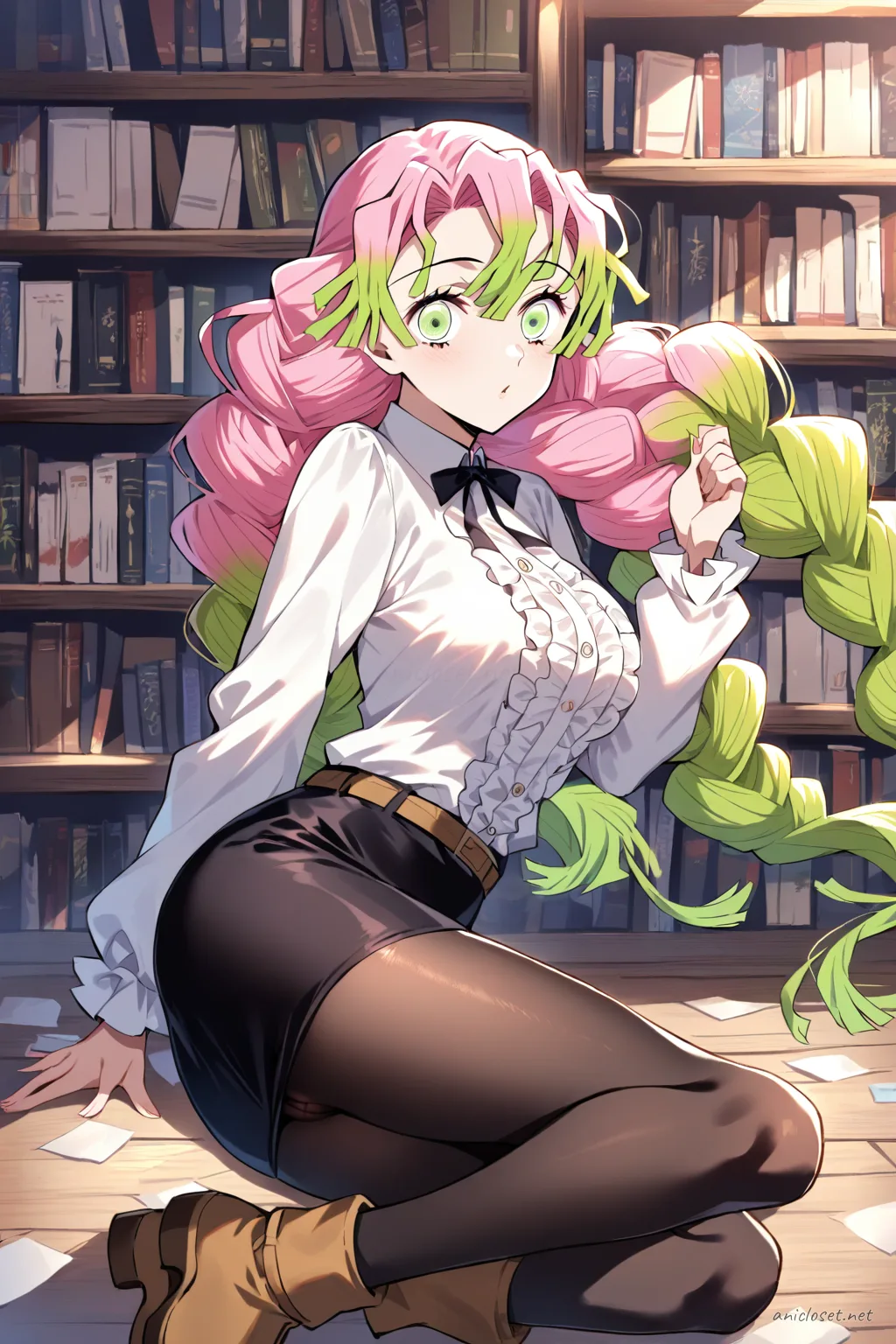 Full-body three-quarter view of Mitsuri Kanroji wearing a cream pussy-bow blouse, brown leather pencil skirt, opaque black tights, and brown ankle boots, standing by office bookshelves