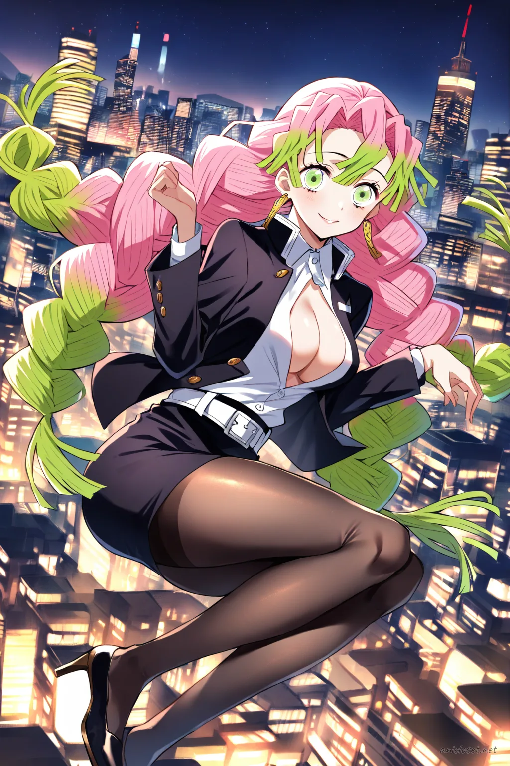 Full-body illustration of Mitsuri Kanroji in a black peplum jacket and slim pencil skirt, wearing statement gold earrings and black leather pumps, standing with a hip-hand pose against night city office lights
