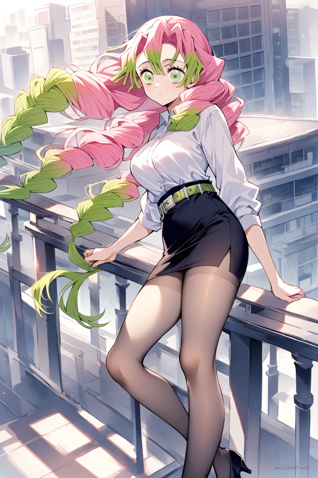 Full-body three-quarter view of Mitsuri Kanroji wearing a navy wrap blouse, knee-length pencil skirt, thin belt, and black pumps, leaning on balcony railing with wind in hair