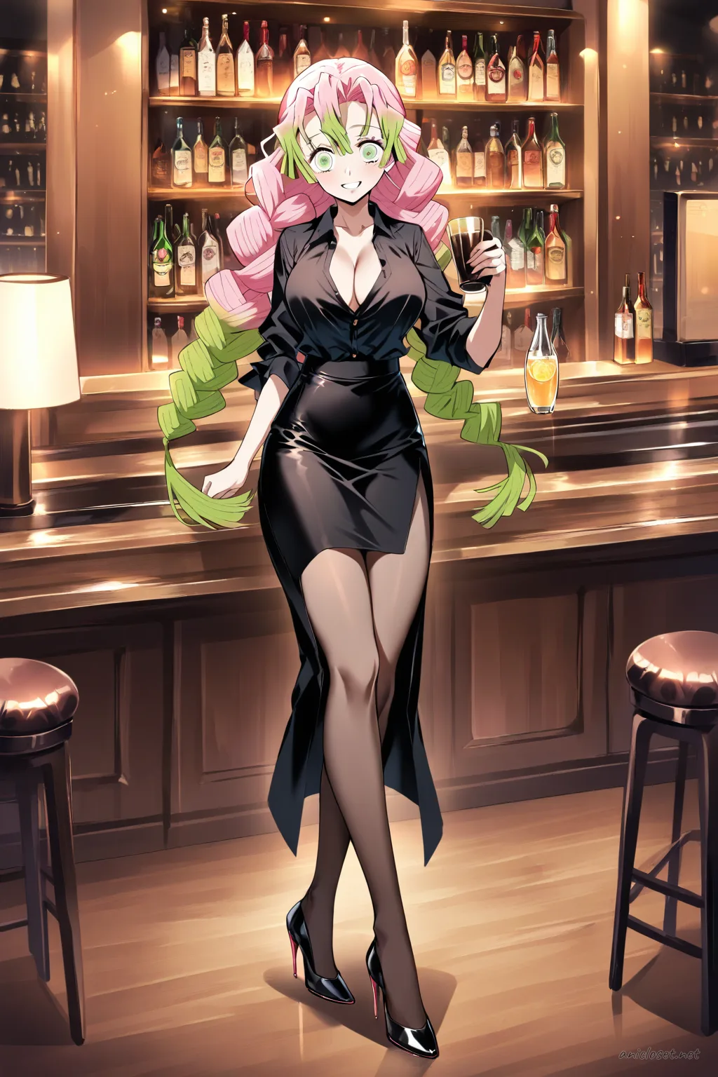 Full-body illustration of Mitsuri Kanroji in a black satin blouse and high-waist pencil skirt with front slit, sheer tights, and black stiletto heels, standing in a clean studio backdrop
