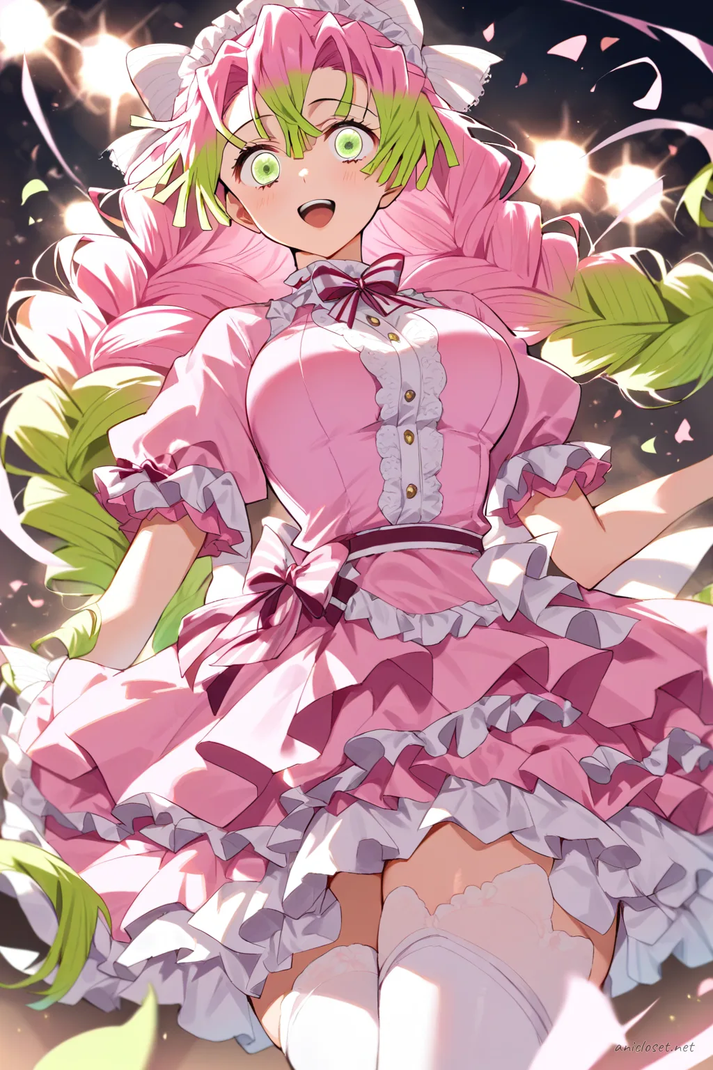 Knee-up half-body illustration of Mitsuri Kanroji in a pastel pink frilly idol dress with layered skirt and large stage bow headband under soft studio lighting