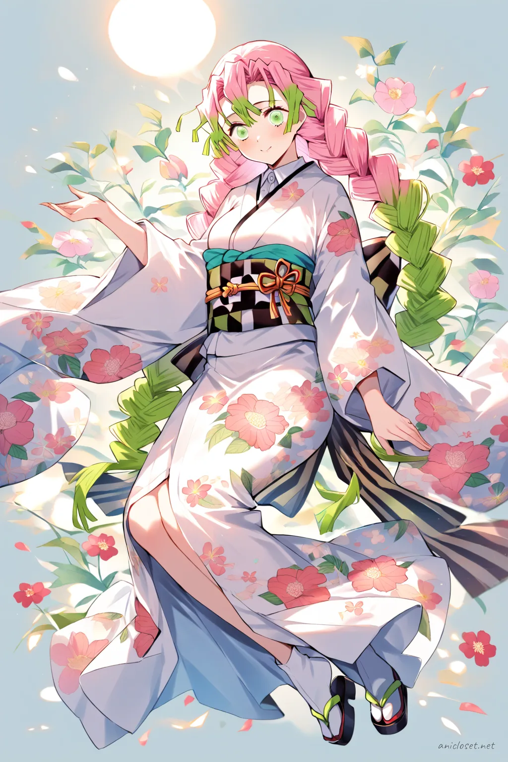 Knee-up illustration of Mitsuri Kanroji wearing a furisode kimono with floral patterns and an ornate wide obi bow, soft studio lighting