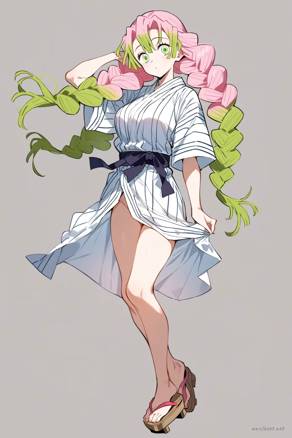 Full-body illustration of Mitsuri Kanroji wearing a summer yukata with simple stripe pattern, short sleeves, obi belt, and geta sandals, standing against a clean studio backdrop