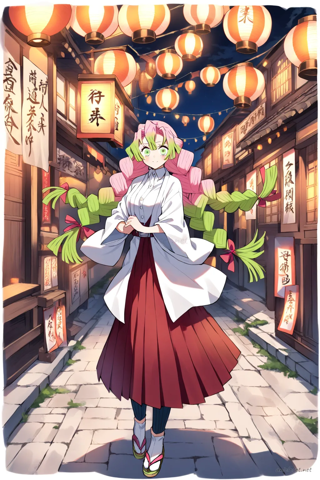 Full body illustration of Mitsuri Kanroji in a shrine maiden kimono outfit with white kosode, red hakama, ribbon hair ties, tabi socks, and zori sandals, viewed from above showing shoes