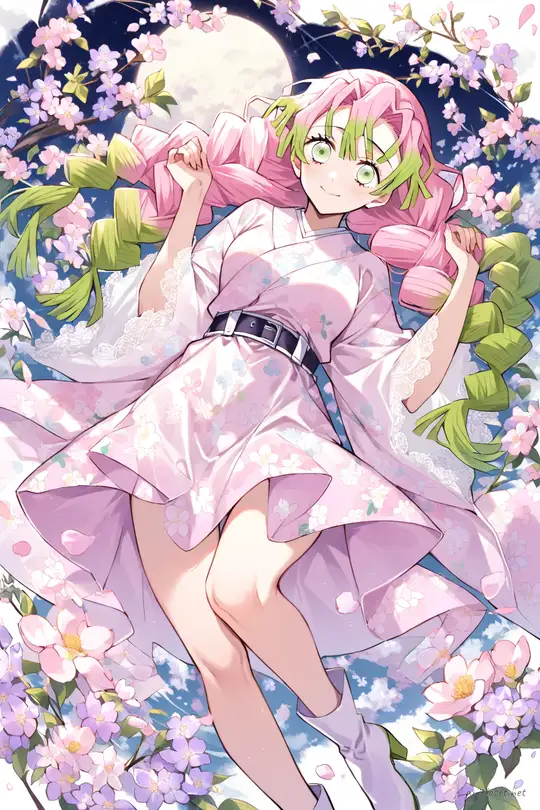 Full-body three-quarter view illustration of Mitsuri Kanroji wearing a pastel pink modern kimono dress with soft floral patterns, simplified pale lavender obi belt, white lace-trimmed sleeves, pastel blue ankle boots, sheer white ankle socks, and a small pastel ribbon hair accessory, set against a light spring garden background.