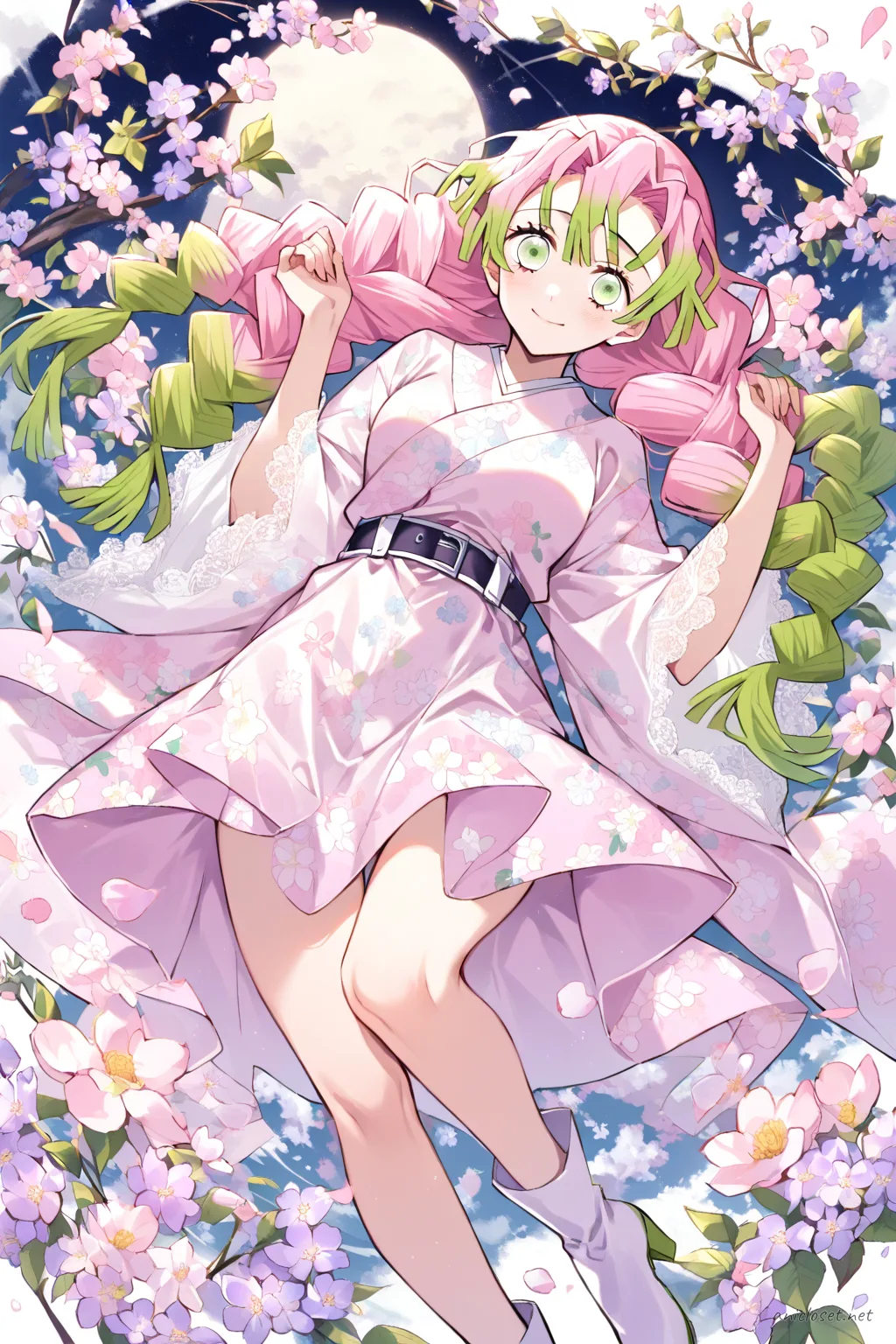 Full-body three-quarter view illustration of Mitsuri Kanroji wearing a pastel pink modern kimono dress with soft floral patterns, simplified pale lavender obi belt, white lace-trimmed sleeves, pastel blue ankle boots, sheer white ankle socks, and a small pastel ribbon hair accessory, set against a light spring garden background.