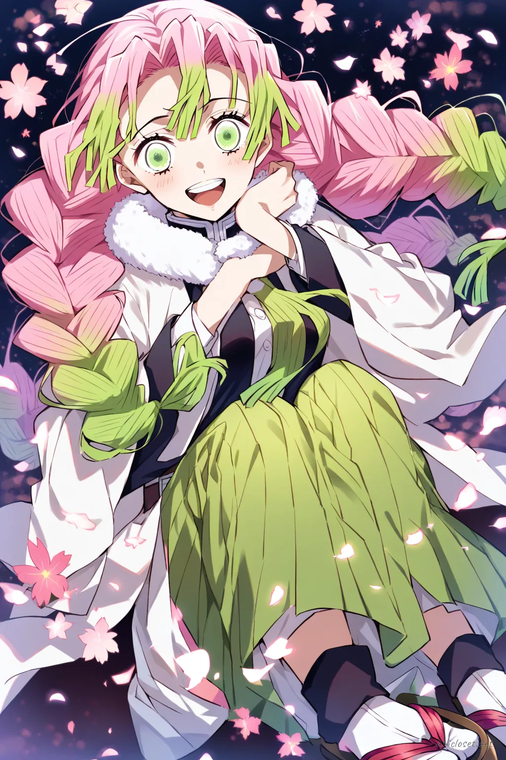 Knee-up illustration of Mitsuri Kanroji wearing a layered winter kimono with haori coat and muffler scarf in soft studio lighting
