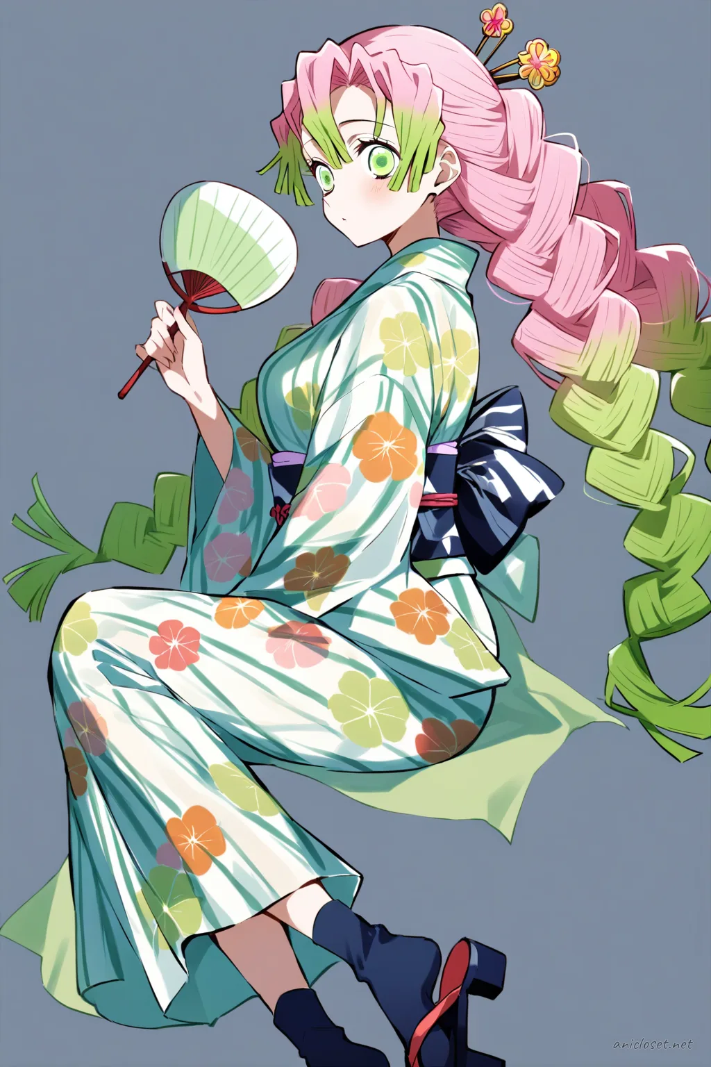 Full-body three-quarter view of Mitsuri Kanroji in bright floral festival yukata with obi sash, geta sandals, uchiwa fan, and festival hairpin