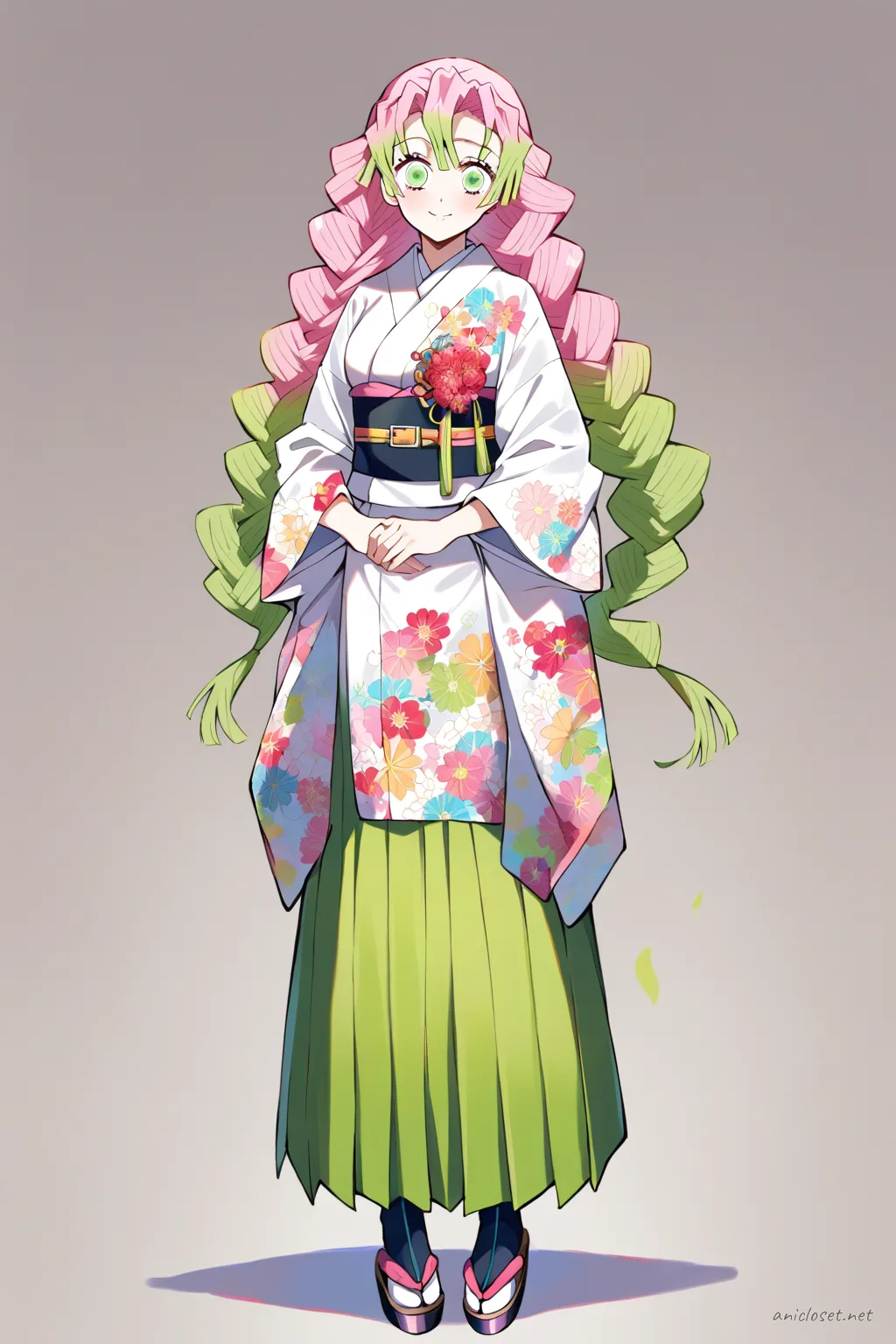Full-body three-quarter view of Mitsuri Kanroji wearing a colorful graduation hakama set over a floral patterned kimono with a flower corsage pinned on the wide obi belt, paired with tabi socks and zori sandals against a clean studio background