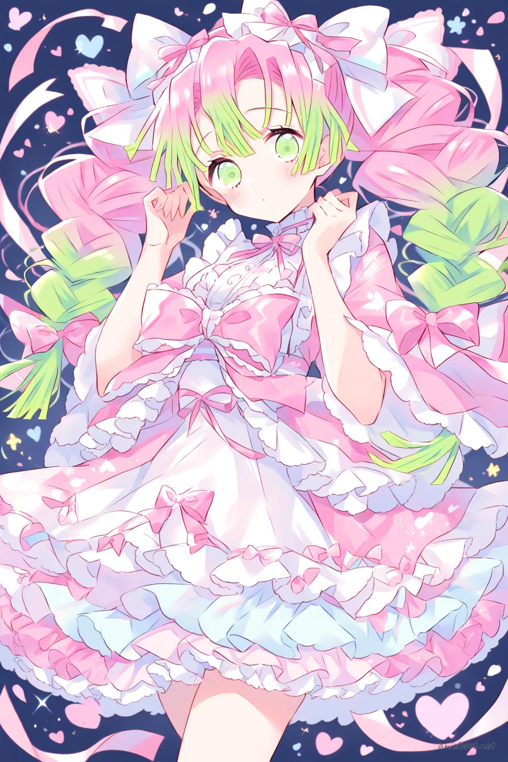 Knee-up half-body illustration of Mitsuri Kanroji wearing a modern wa-Lolita hybrid kimono with frilly petticoat skirt and ribbon bow, soft pastel colors, traditional wooden floor background