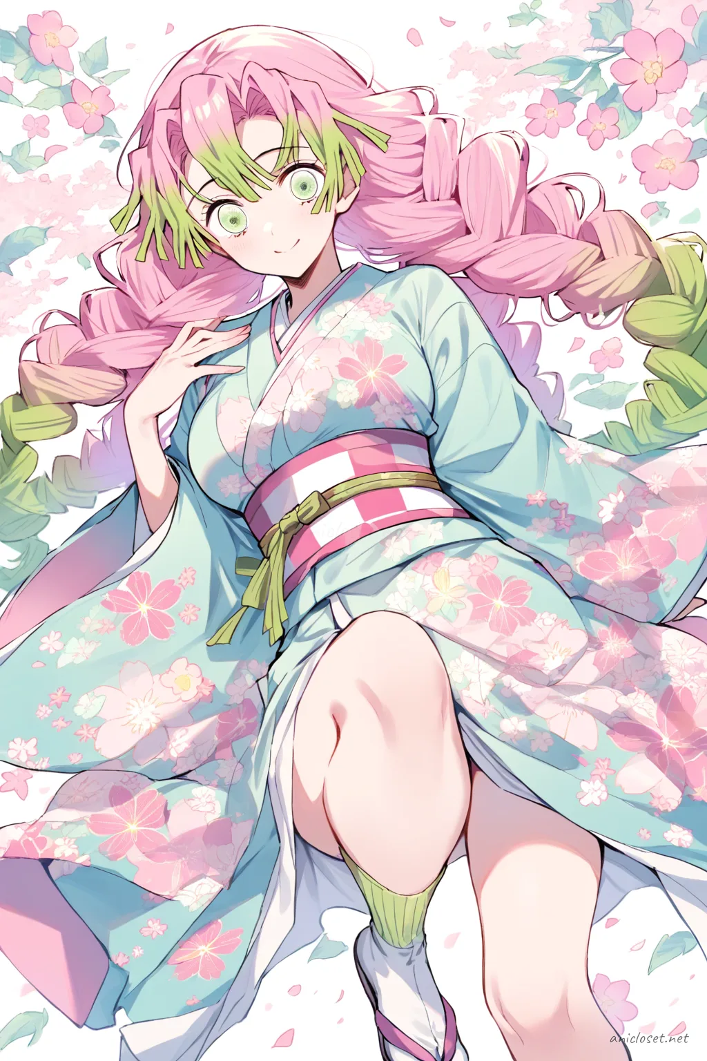 Knee-up half-body illustration of Mitsuri Kanroji wearing a pastel komon kimono with a neat obi and small flower hairpin in a softly lit indoor tea room