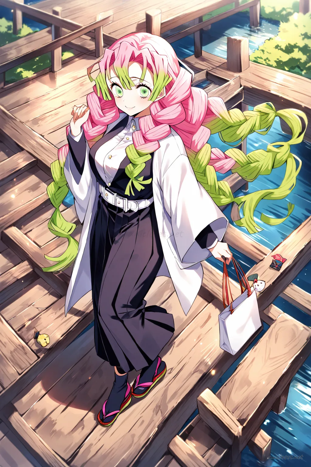 Full-body illustration of Mitsuri Kanroji wearing a sleek onmyouji-inspired kimono with simple haori and paper charm accessory, standing against a clean studio backdrop with tabi socks and zori sandals visible