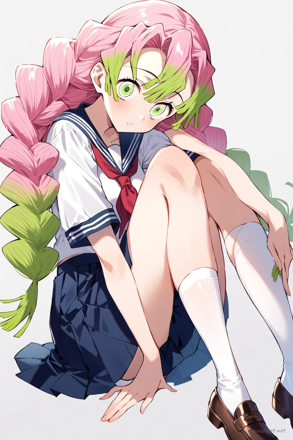 Full-body illustration of Mitsuri Kanroji wearing a navy sailor fuku with red neckerchief and pleated skirt, standing against a clean studio backdrop