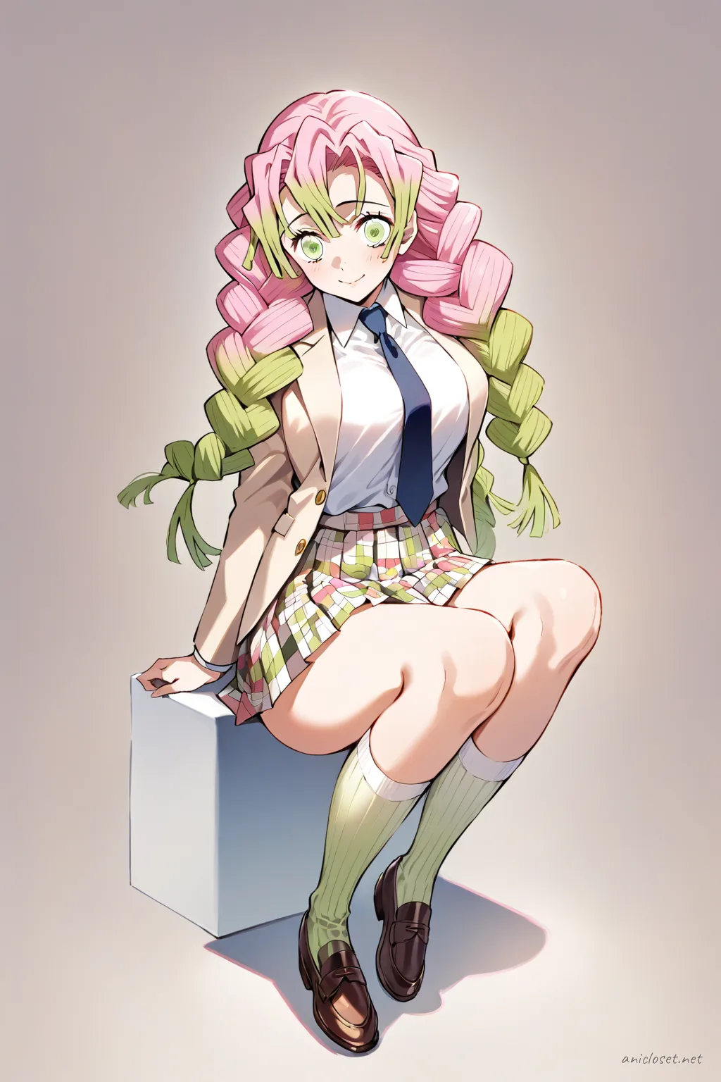Full-body three-quarter view of Mitsuri Kanroji in beige blazer school uniform with necktie and plaid pleated skirt, knee-high socks and brown loafers