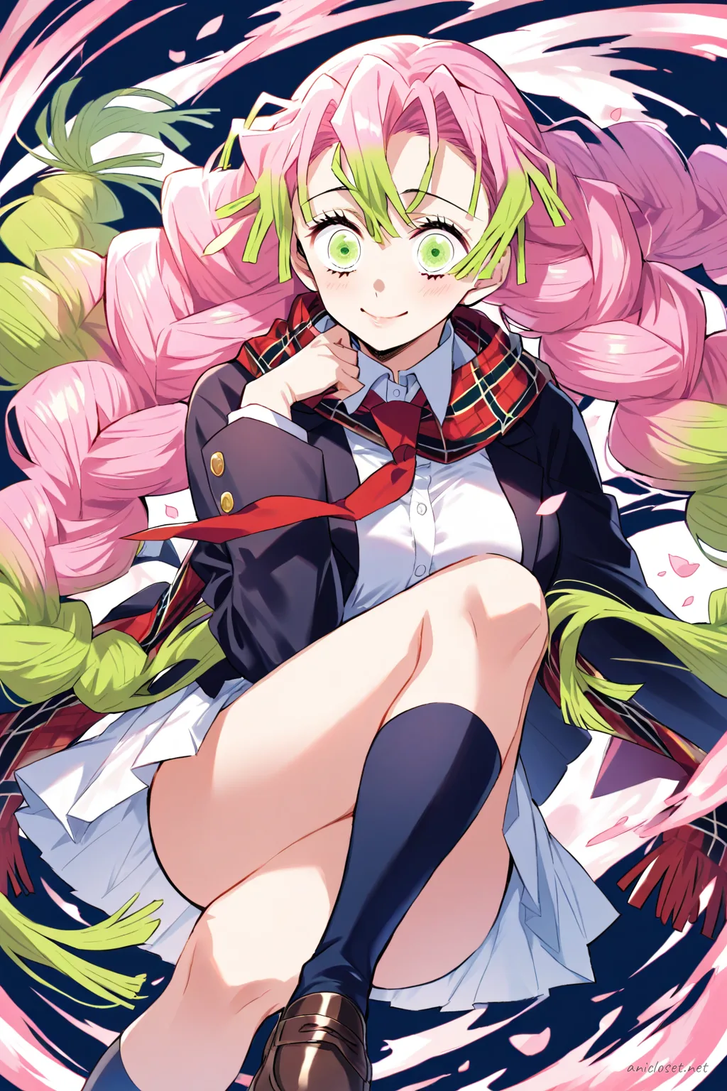 Full-body three-quarter view of Mitsuri Kanroji wearing a black blazer winter uniform with plaid scarf and dark knee socks