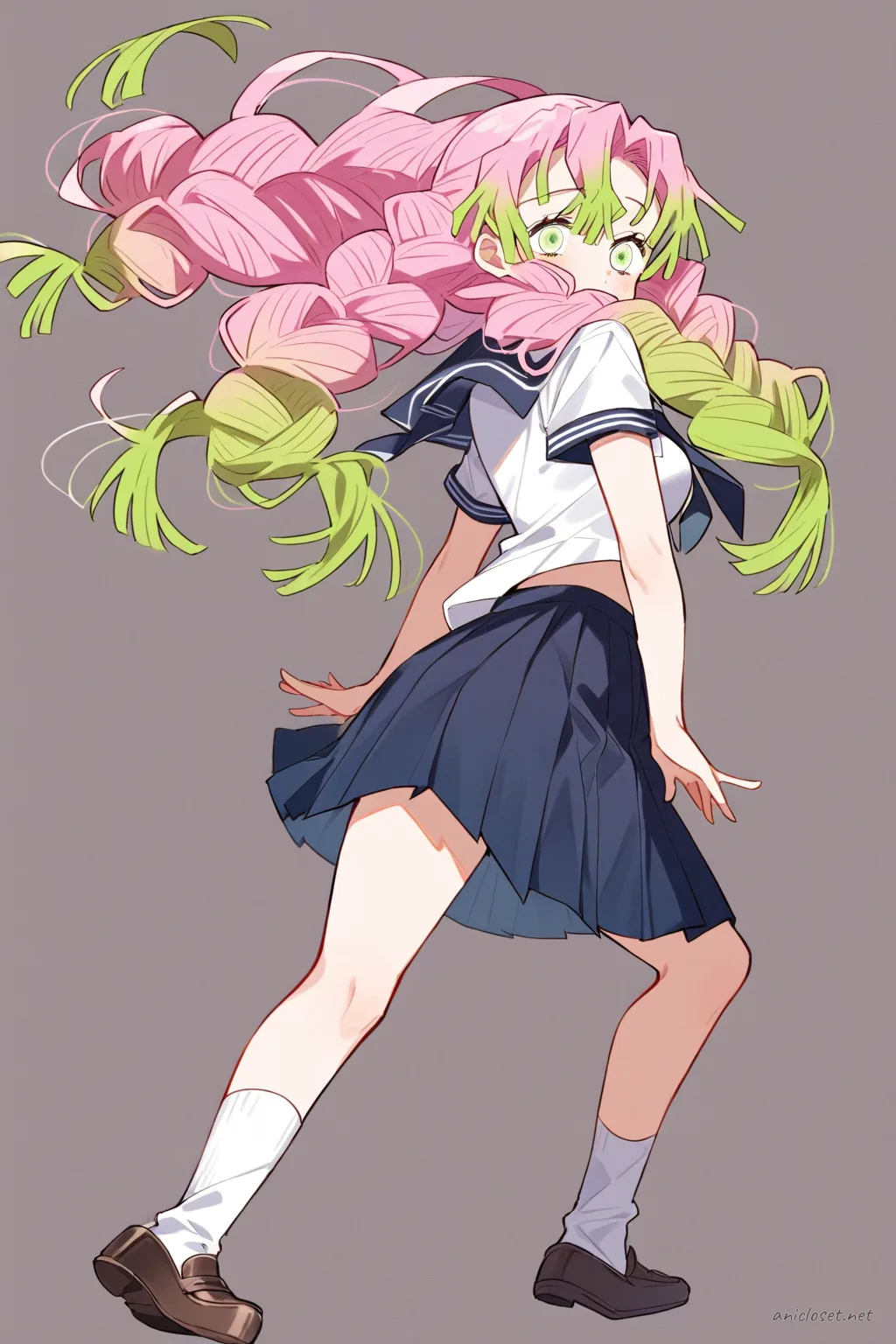 Full-body illustration of Mitsuri Kanroji in summer sailor uniform with short sleeves, ribbon necktie, pleated skirt, knee socks, and loafers on clean studio background