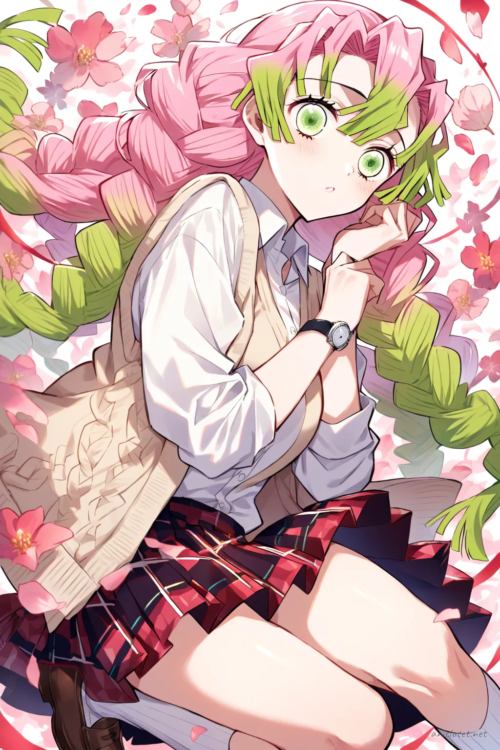 Full-body illustration of Mitsuri Kanroji wearing a beige knitted sweater vest over a white long-sleeve button-up shirt, red and navy plaid pleated skirt, white knee-high socks, and brown loafers, standing against a clean studio background