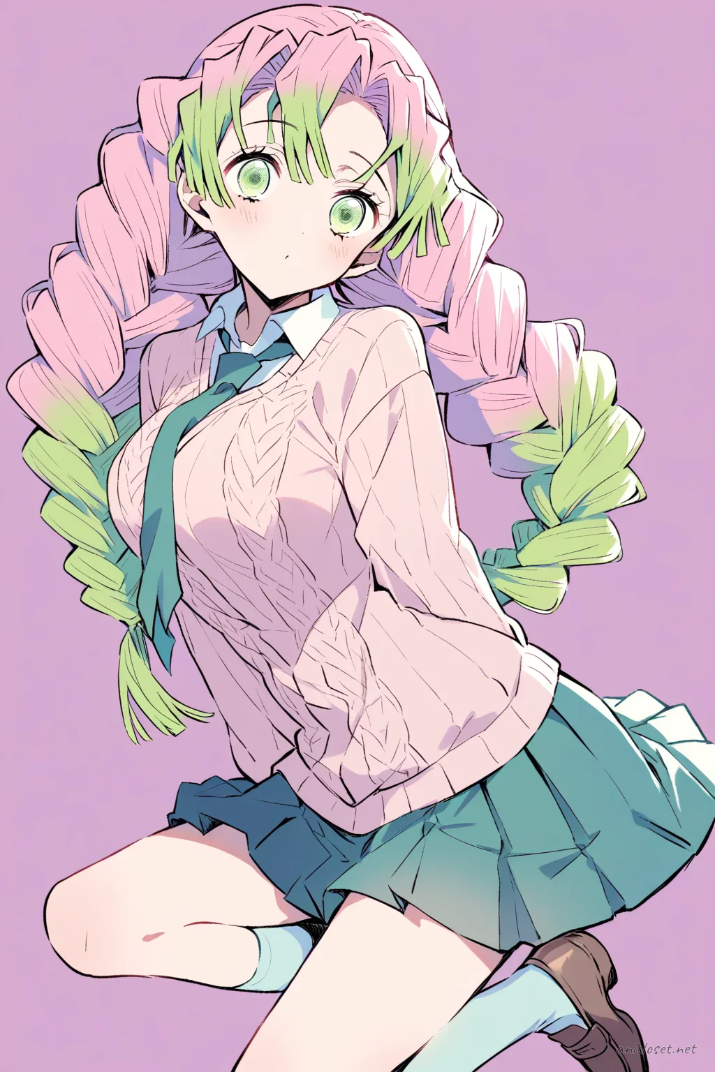 Knee-up illustration of Mitsuri Kanroji wearing a long pleated skirt, cable knit sweater, collared shirt with ribbon necktie, knee-high socks, and brown loafers under soft studio lighting