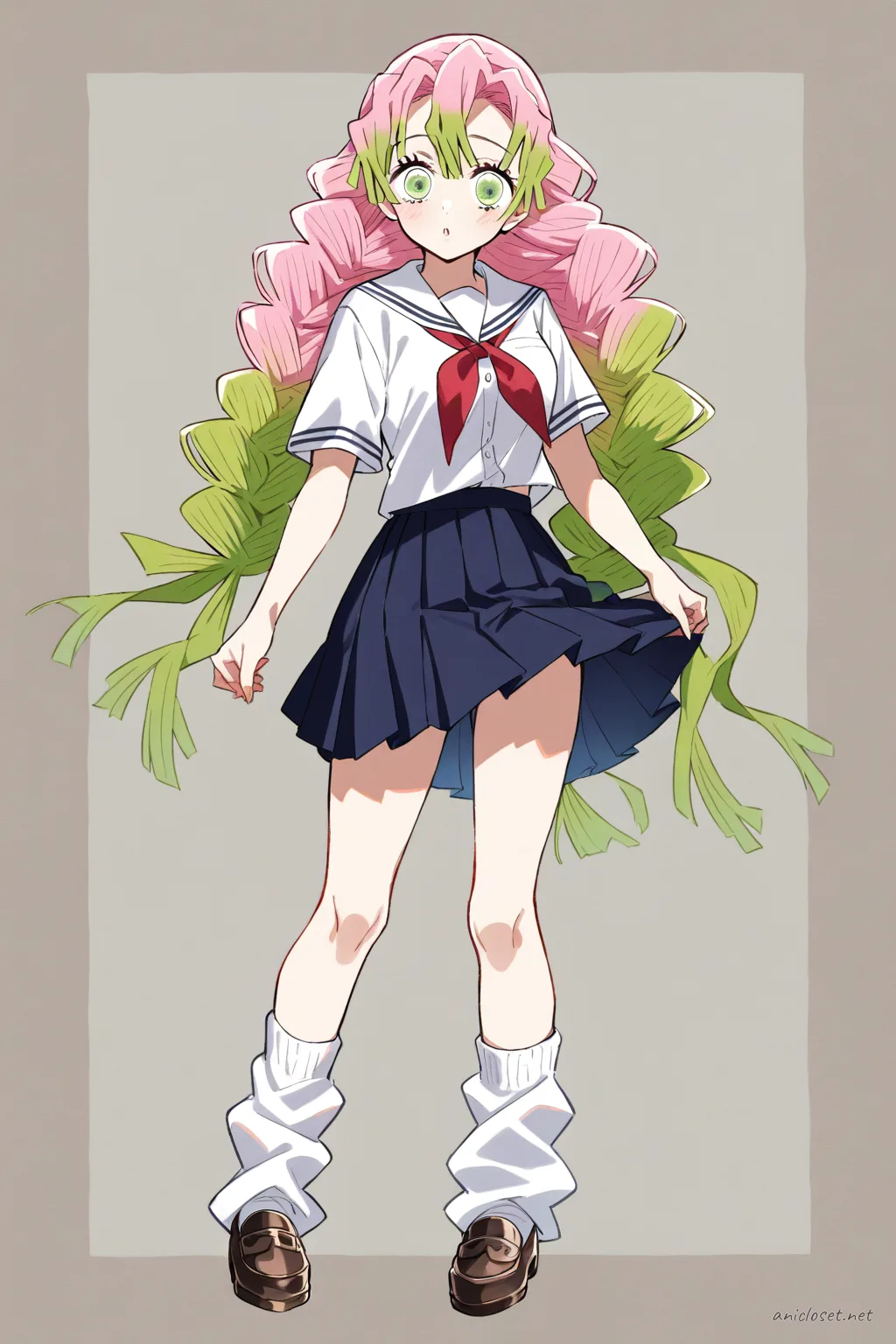 Full-body illustration of Mitsuri Kanroji in a school outfit with checkered skirt, white blouse, red neckerchief, loose knee-high socks, and brown loafers on a clean studio backdrop