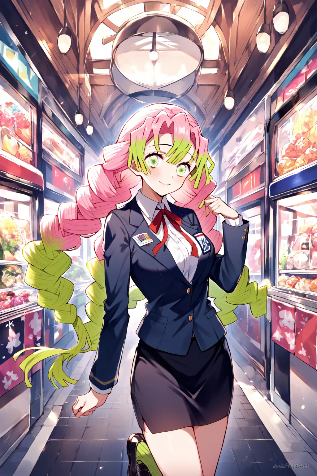 Illustration of Mitsuri Kanroji wearing a navy blazer with school emblem, white blouse, red ribbon tie, and black pencil skirt