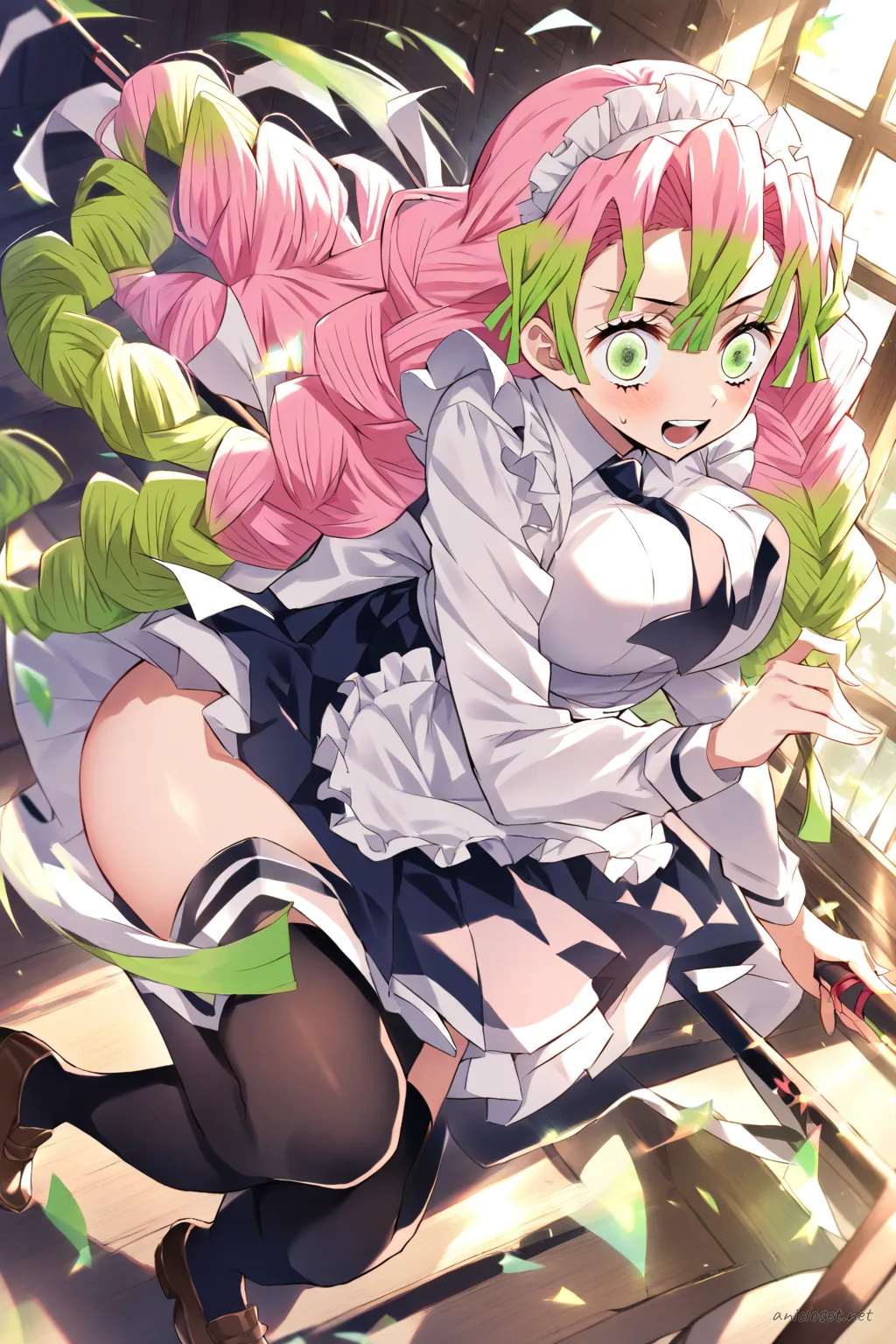 Full-body illustration of Mitsuri Kanroji in a white long-sleeve school blouse, navy pleated skirt, black thigh-high stockings, brown loafers, white frilled maid apron, black ribbon necktie, and maid headband, standing against a clean studio backdrop