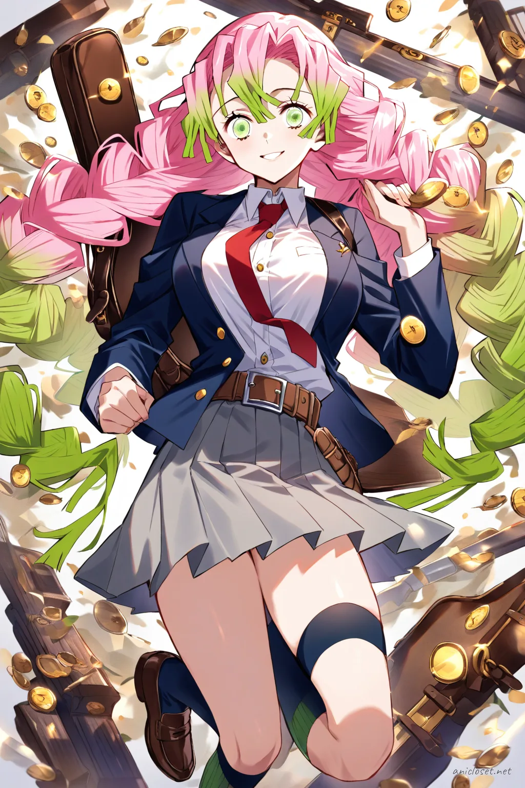 Full-body illustration of Mitsuri Kanroji in a navy blazer, white dress shirt, red necktie, grey pleated skirt, black knee-high socks, brown loafers, holding a brown leather instrument case, standing against a clean studio backdrop