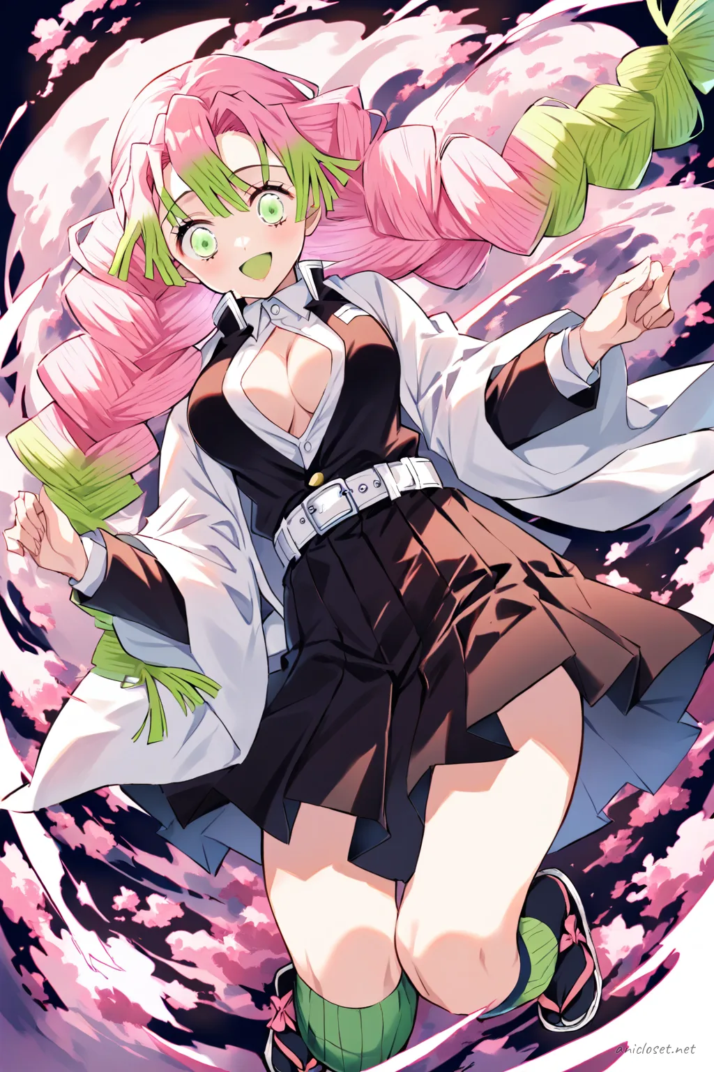Knee-up half-body illustration of Mitsuri Kanroji in her signature Demon Slayer uniform with white haori featuring pink and green gradient, black gakuran jacket, pleated skirt, and sword sheath against a simple studio background