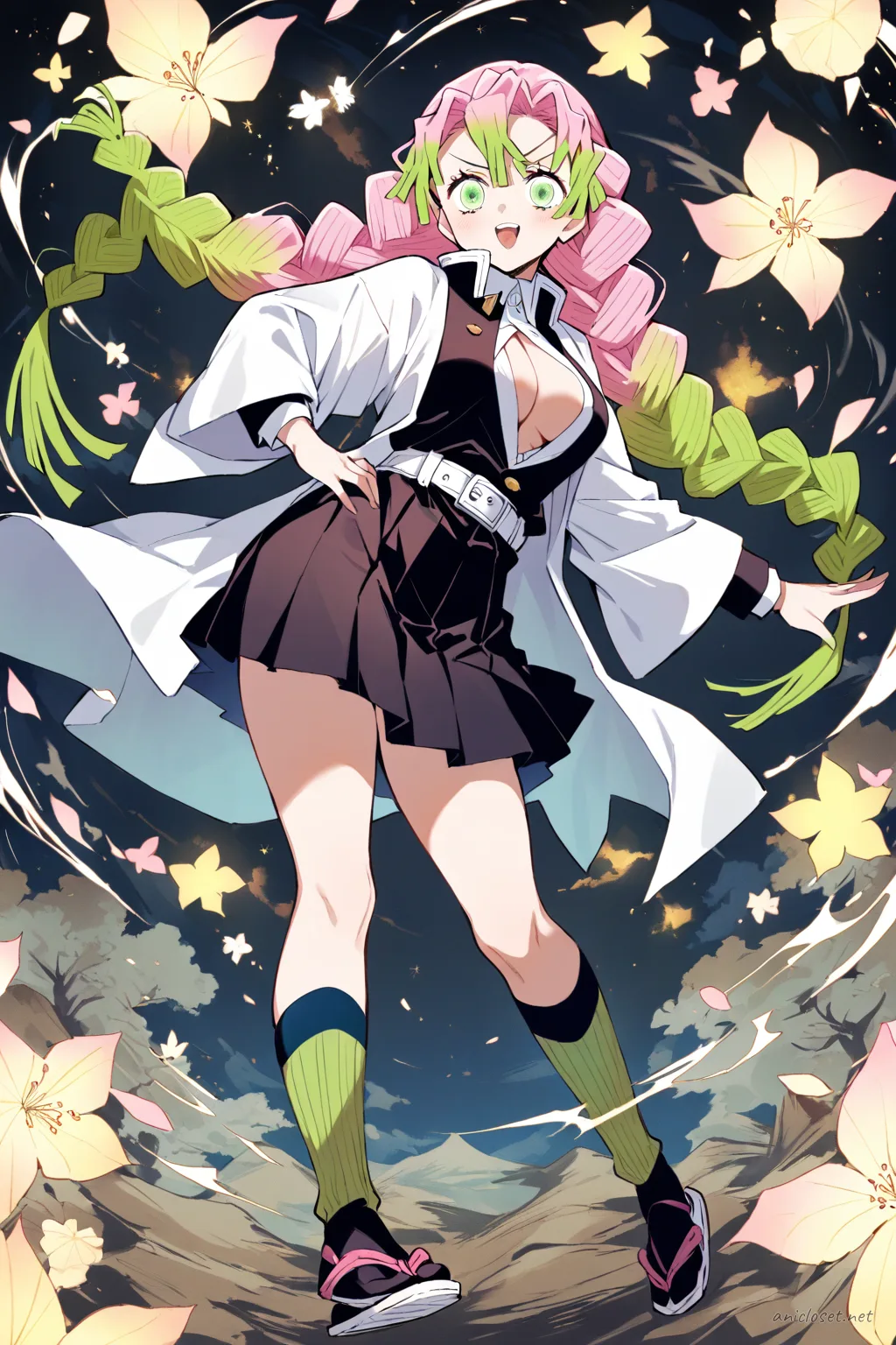 Mitsuri Kanroji in official Demon Slayer uniform, hand on hip pose, golden-hour backlight with floating dust motes
