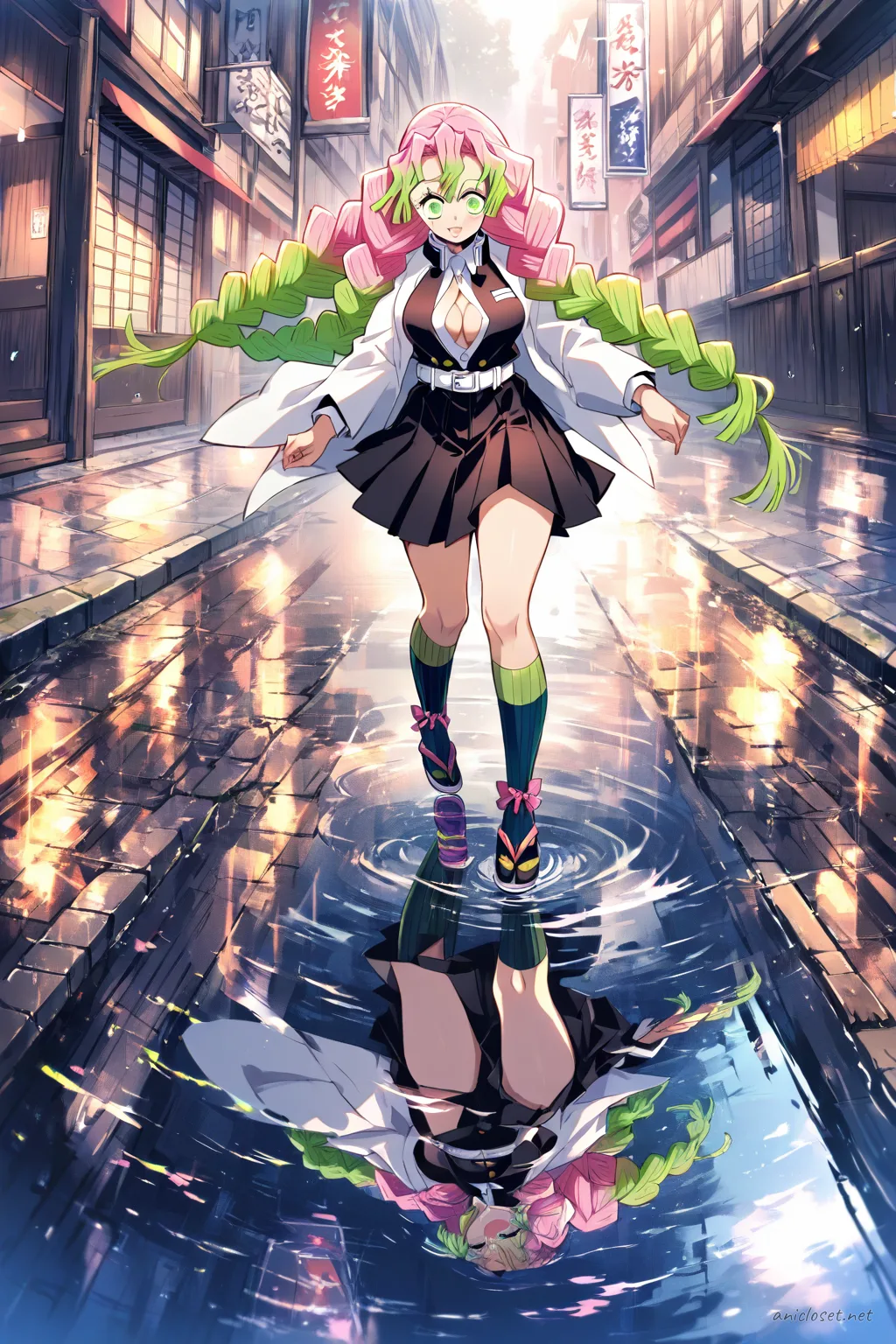 Illustration of Mitsuri Kanroji in her Demon Slayer uniform, mid-stride on a rain-wet street with cool blue rim lighting