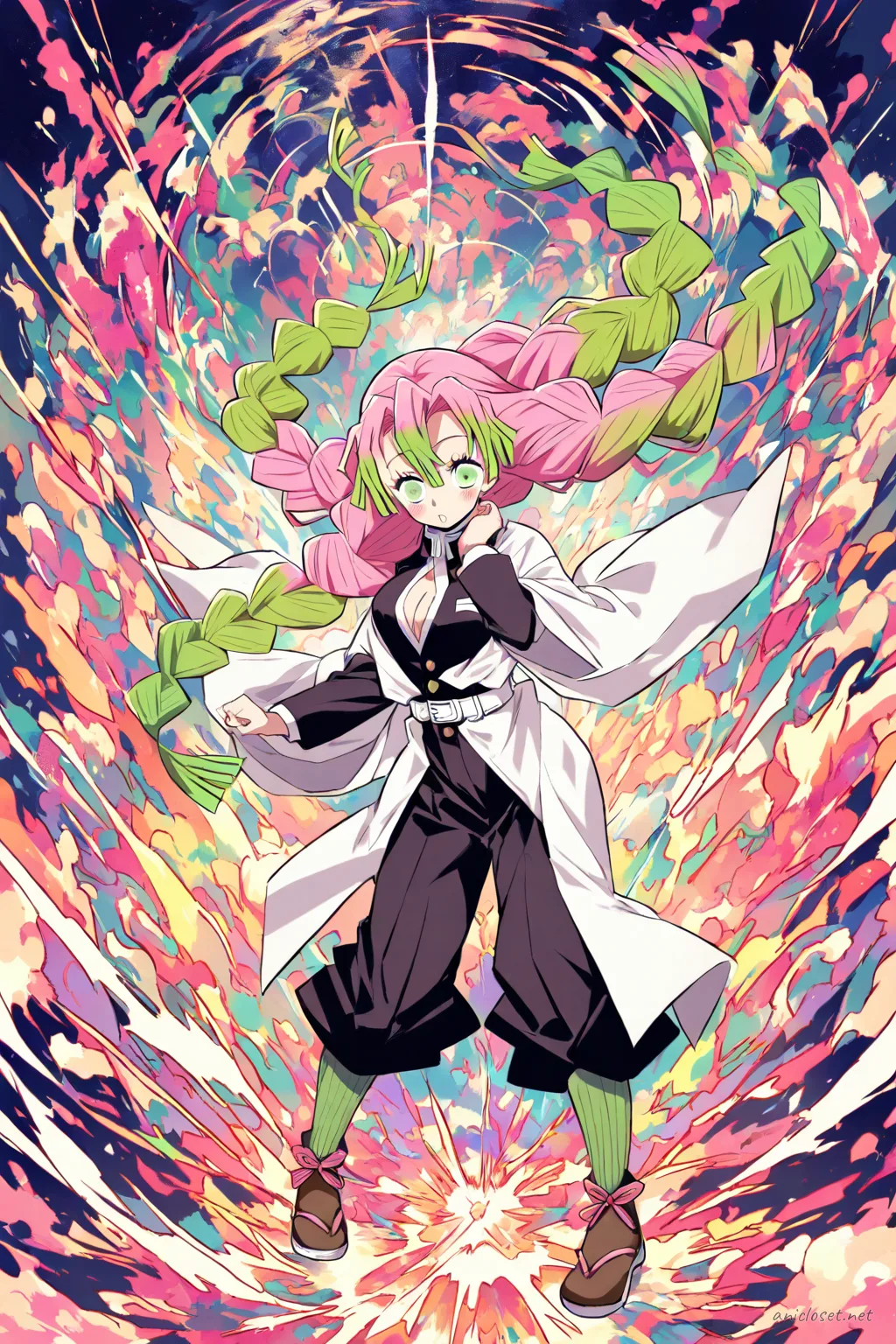 Full-body illustration of Mitsuri Kanroji in her signature Demon Slayer uniform with white haori, standing in weight-shift contrapposto pose under a dramatic spotlight on a dark stage