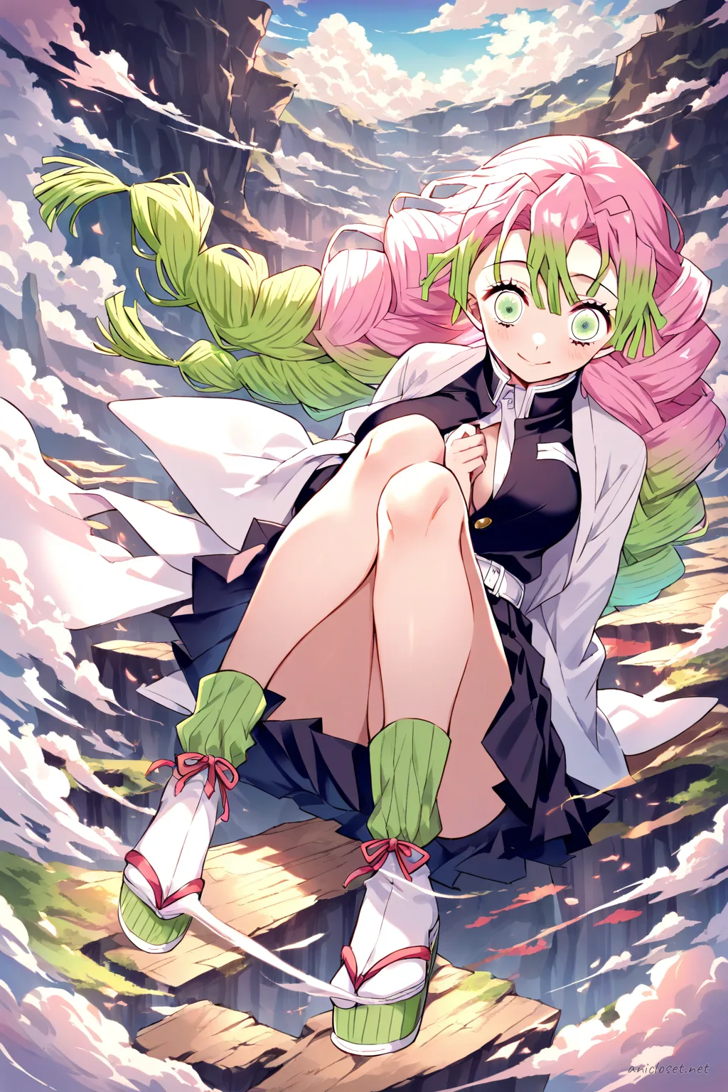 Knee-up half-body illustration of Mitsuri Kanroji in her signature Demon Slayer uniform with wind-blown haori and pleated skirt, set against a cliffside and cinematic clouds
