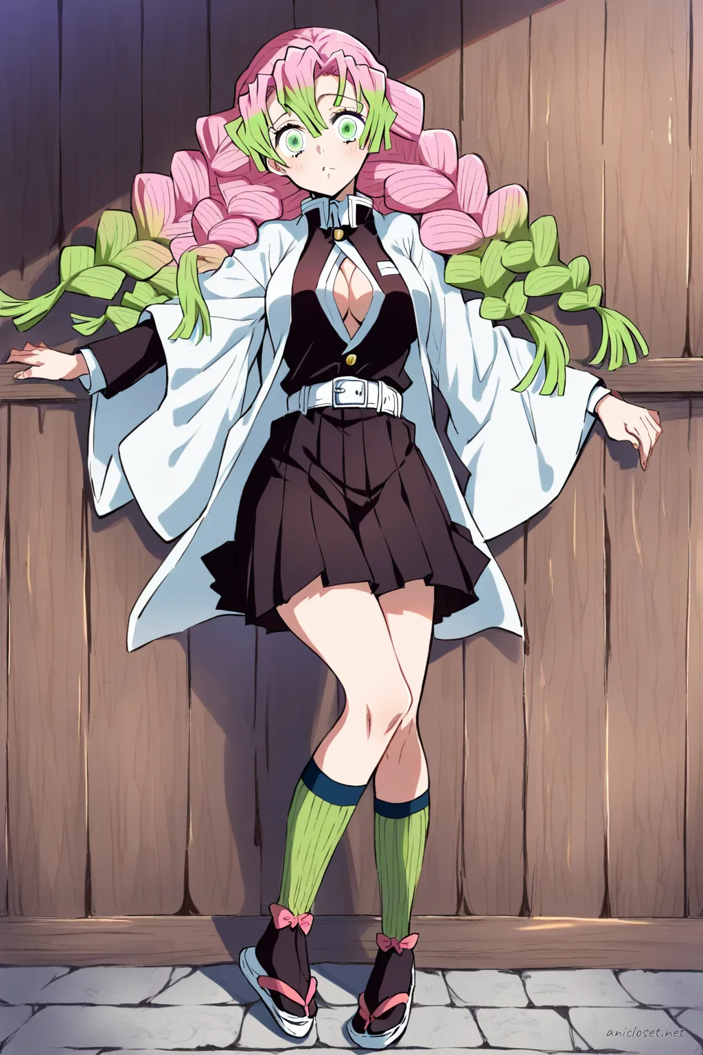 Full-body three-quarter view illustration of Mitsuri Kanroji in her signature Demon Slayer uniform, leaning against a wall with hip-hand pose under neon rim light in a moody alley at night