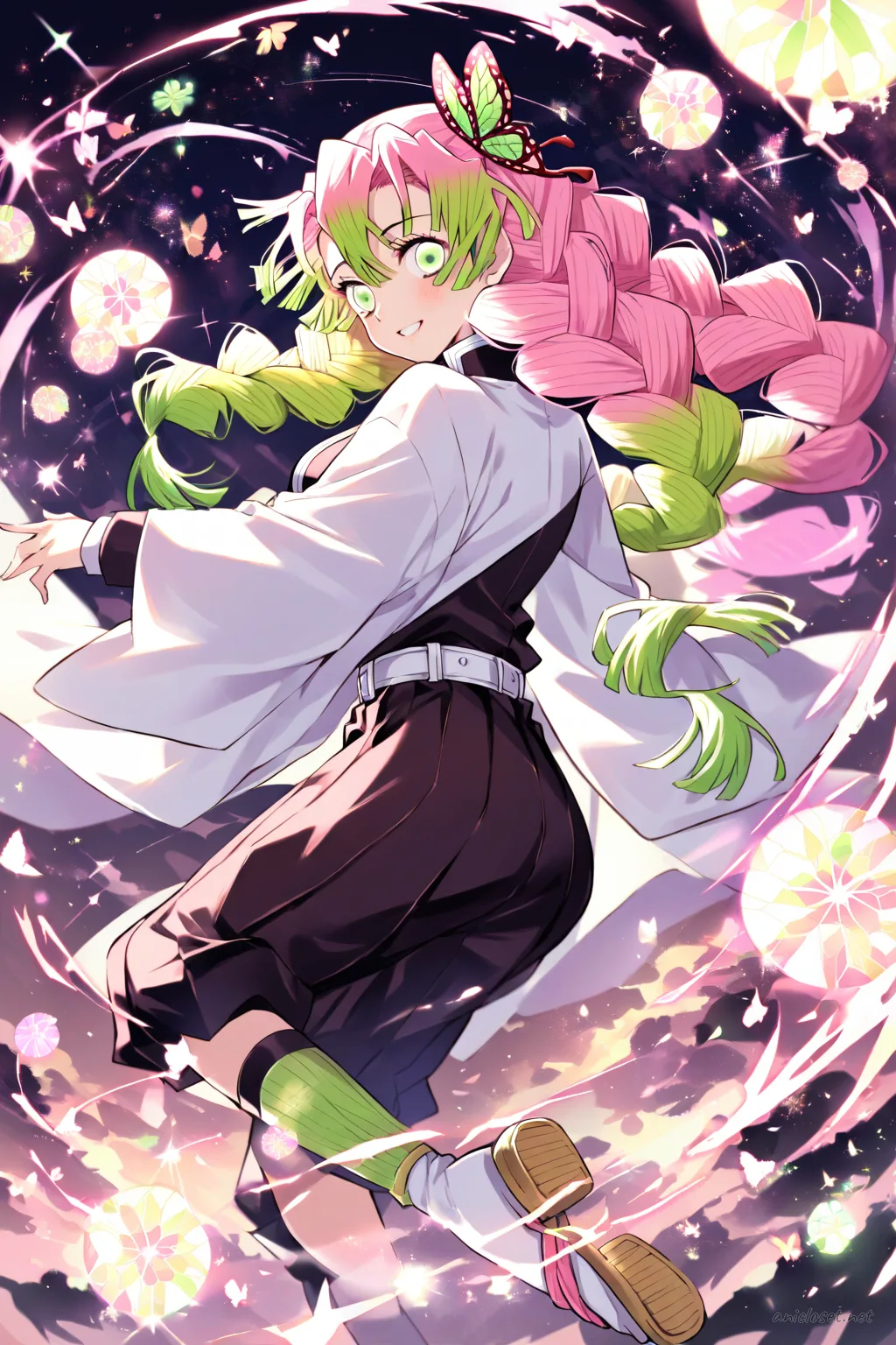 Full-body three-quarter view of Mitsuri Kanroji in her Demon Slayer uniform with pink and green gradient haori, butterfly hair accessory, and zori sandals, looking back with magical sparkles