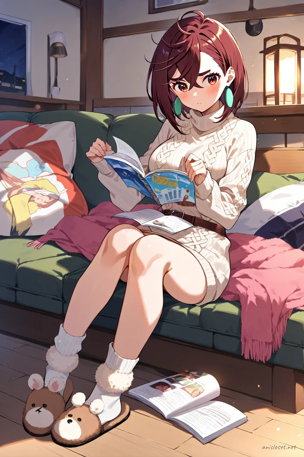 Full body illustration of Momo Ayase wearing a cream knit sweater dress with brown belt, fuzzy knee socks, and cream house slippers, curling on sofa with open magazine and throw blanket