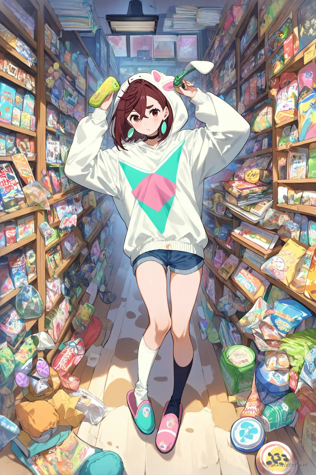 Full body illustration of Momo Ayase in pastel star print hoodie, denim shorts, mismatched knee socks, and slip-on slippers, seated on bedroom carpet holding game controller and snack bag