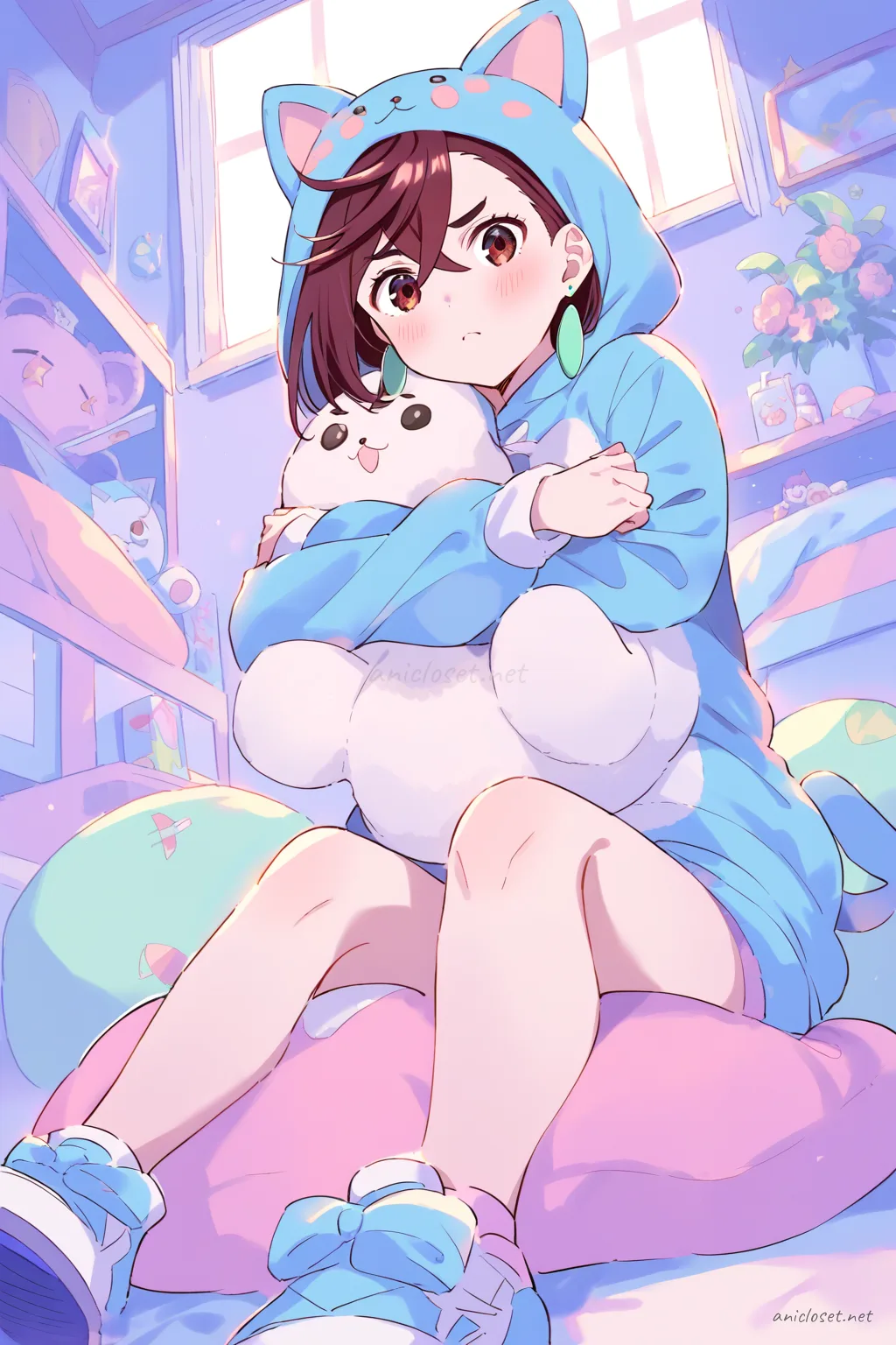 Full body illustration of Momo Ayase wearing a pastel one-piece animal kigurumi pajama with plush ear hood and paw cuffs, seated on a beanbag in a softly lit room