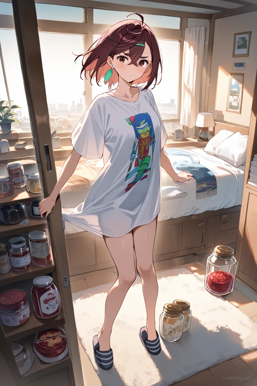 Full body three-quarter view of Momo Ayase in a satin robe over graphic tee dress, hair clip, and house slippers, leaning in kitchen doorway holding toast and jam jar