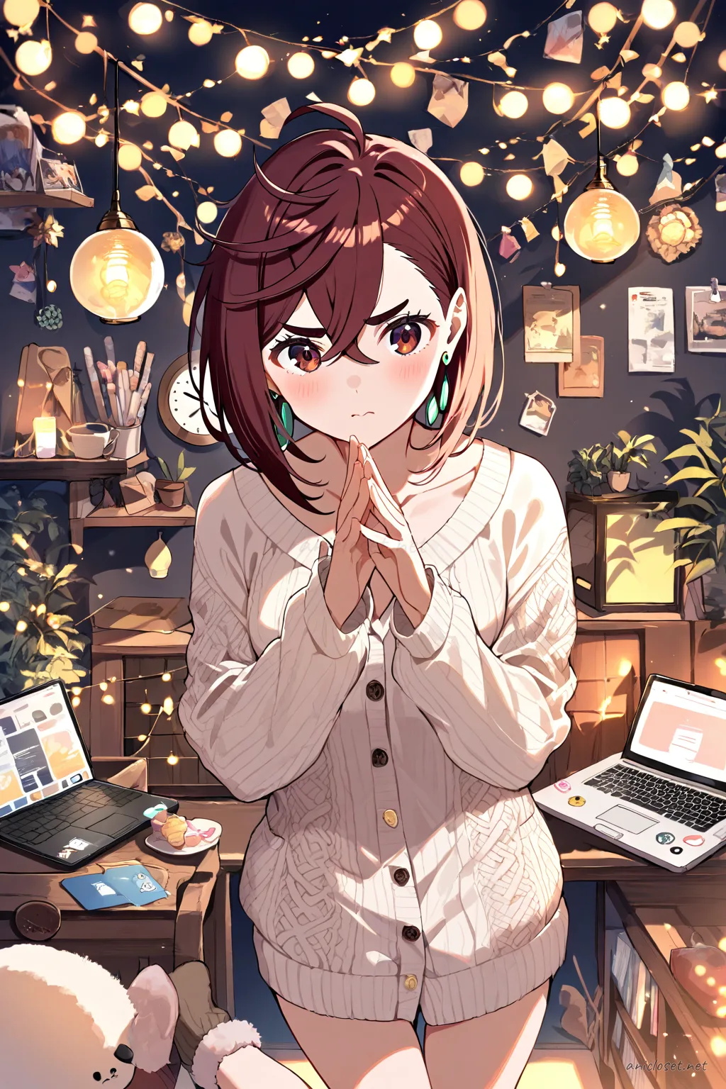 Illustration of Momo Ayase lying stomach-down on a bed wearing pastel ribbed crop top, drawstring lounge pants, fuzzy socks, using a laptop with fairy lights around