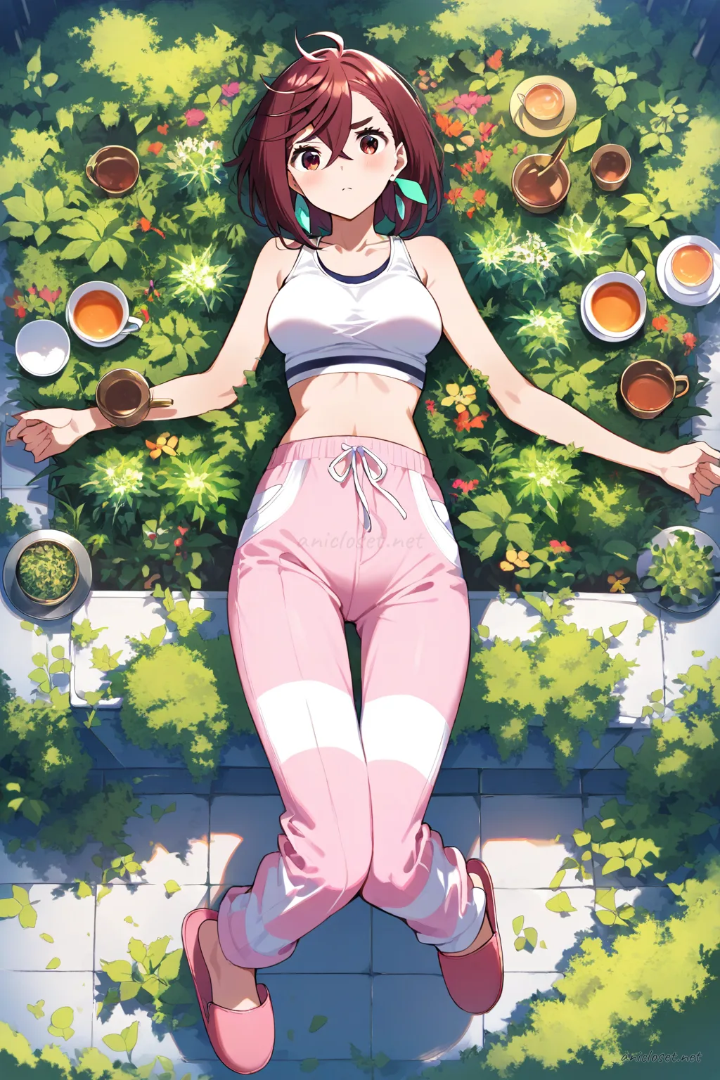 Illustration of Momo Ayase seated cross-legged on a floor cushion wearing a soft knit tank top, short buttoned cardigan, wide pastel linen pants, hair ribbon, slippers, holding a tea tray with indoor plants nearby
