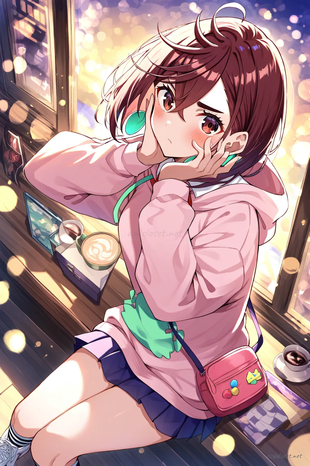 Illustration of Momo Ayase walking mid-stride on a sunlit shopping street wearing an oversized pastel hoodie, pleated mini skirt, striped thighhigh socks, sneakers, and crossbody bag