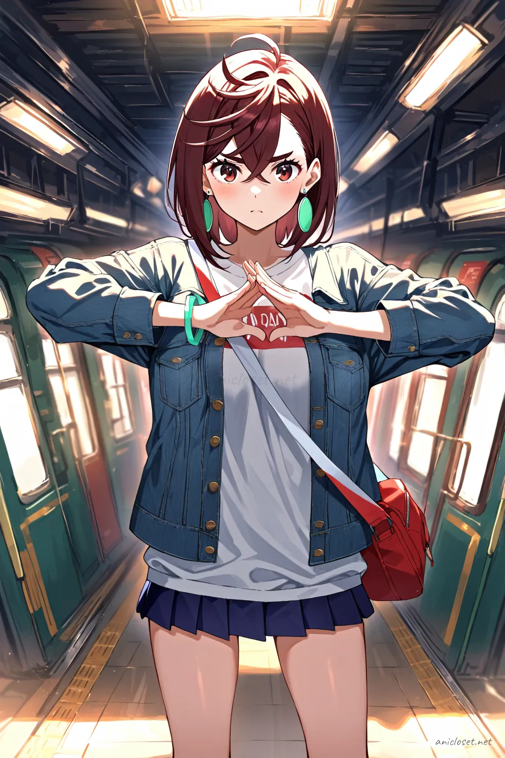 Illustration of Momo Ayase wearing a washed denim jacket, graphic tee, black mini skirt, chunky white sneakers, and crossbody bag, standing at a crosswalk with a soft afternoon city background